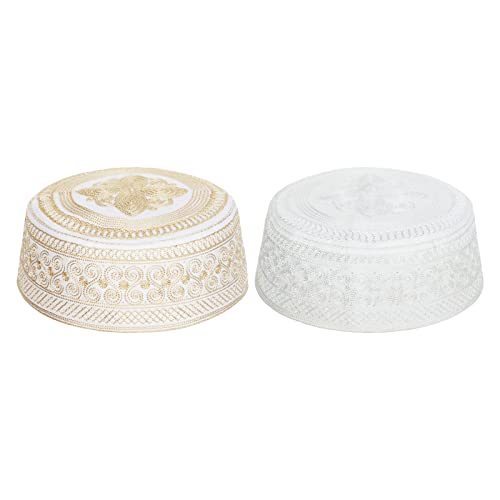 Mens Muslim Hat Islamic Prayer Cap, Muslim Eid Prayer Embroidered Kufi Fat Ramadan Mosque Arab Indian Prayer Cap - color: Gold