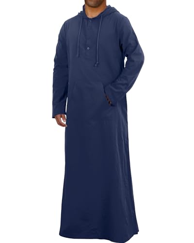 YAOHUOLE Kaftan for Men Long Sleeve Muslim Thobe for Men Big and Tall Kaftan with Hoodie - color: Dark Blue, size: XX-Large