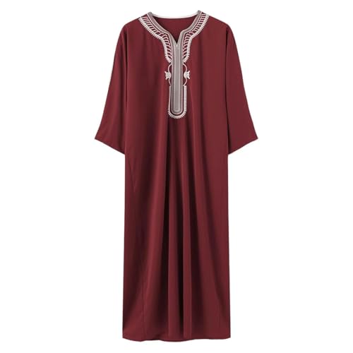 Men's Muslim Clothes V-Neck Short Sleeve Plus Size Thobe Kaftan Loose Casual Solid Color Breathable Soft Thobe - color: Red, size: Medium