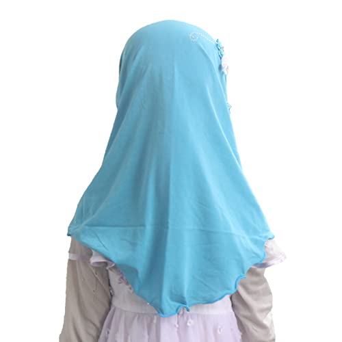 Instant Hijab for Kids Girls Hijabs Muslim Islamic Head Scarf with Rhinestone and Flowers - color: Sky Blue