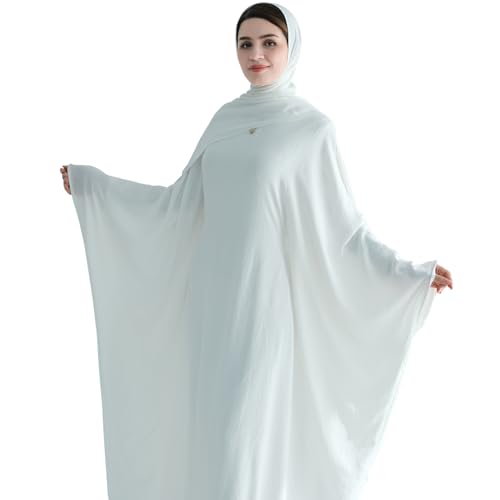 Muslim Abaya Dress Women Middle East Arabian Prayer Robe Batwing Maxi Kaftan Abaya Dress with Hijab - color: White