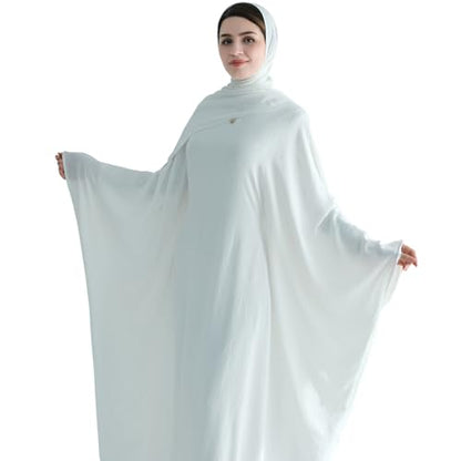 Muslim Abaya Dress Women Middle East Arabian Prayer Robe Batwing Maxi Kaftan Abaya Dress with Hijab - color: White