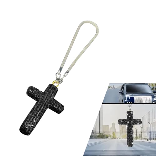 Bling Cross Car Mirror Hanging Accessories, Crystal Rhinestone Rear View Mirror Pendant, Religious Rearview Mirrors Decoration Charm, Car Hanging Ornament, Auto Interior Accessories (Black) - color: Black