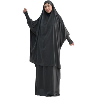 Muslim Women Abaya Two Pieces Set Prayer Dress Elasticated Sleeves Islamic Robe Modest Full Cover Prayer Clothes - color: Dark Gray