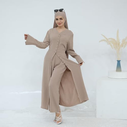 IDOPIP Muslim Women 2-Piece Set Long Sleeve Ramadan Islamic Abaya Dress Shirt with Pants Loose Fit Casual Dubai Prayer Outfit - color: Light Khaki, size: X-Large-XX-Large