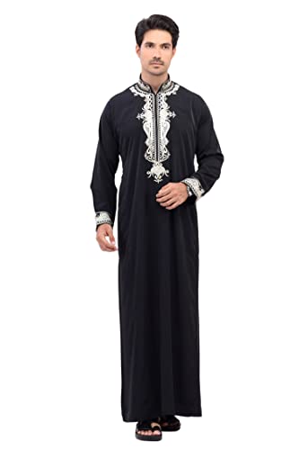 Men's Thoub Arabic thoub Long Sleeve Arab Thobe Embroidery Dress Full Length for Eid & Weddings - color: Black, size: 62