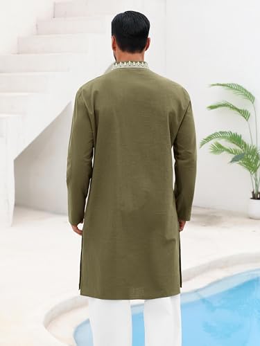 Runcati Mens Kaftan Thobe Cotton Henley Shirt Long Sleeve Embroidery Robe Casual Kurta Muslim Gown Shirt - color: Army Green, size: XX-Large