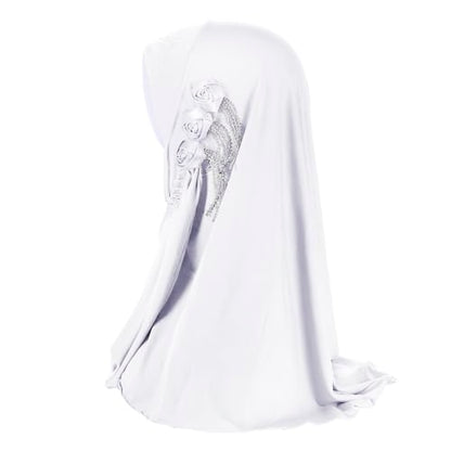 Women Soft One Piece Hijab Long Muslim Turban Islamic Full Head Scarf - color: 3 Flowers/White
