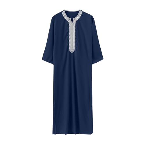 Mens Embroidery Moroccan Thobe Men Muslim Mogadishu Djellaba Robe Islamic Jubba Prayer Kaftan Islamic Arabic Abaya - color: Navy, size: Small
