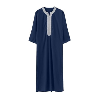 Mens Embroidery Moroccan Thobe Men Muslim Mogadishu Djellaba Robe Islamic Jubba Prayer Kaftan Islamic Arabic Abaya - color: Navy, size: Medium