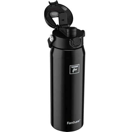 Fanhaw 24 oz Insulated Stainless Steel Water Bottle with 2-in-1 Straw& Chug Lid, Leakproof Wide Mouth Vacuum Bottle for School, Sports, Kids, Teens& Adults, Back to School Essentials (Glossy Black) - color: Glossy Black