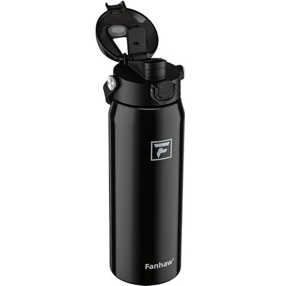 Fanhaw 24 oz Insulated Stainless Steel Water Bottle with 2-in-1 Straw& Chug Lid, Leakproof Wide Mouth Vacuum Bottle for School, Sports, Kids, Teens& Adults, Back to School Essentials (Glossy Black) - color: Glossy Black
