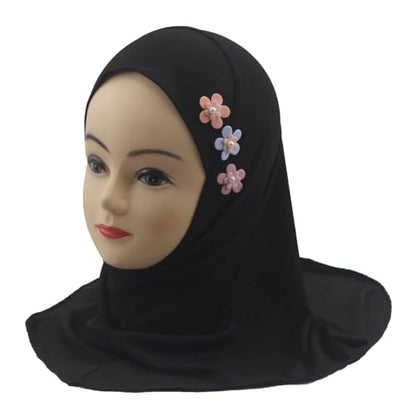 Girls Muslim Hijab Arab Scarf Islamic Headscarf for Kids with 3 Flowers - color: Black-3 Flowers