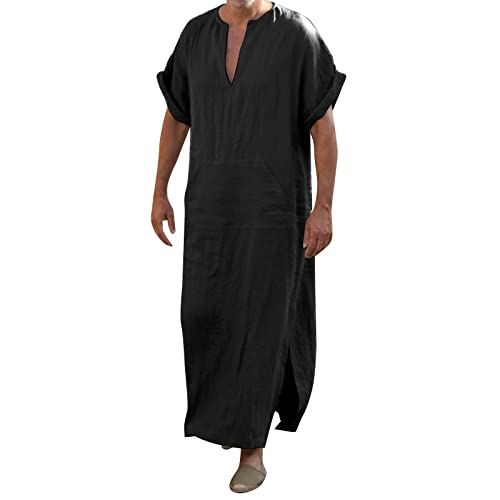 Mens Kaftan Thobe Short Sleeve V-Neck Linen Robe Big and Tall Muslim Robe Loose Lightweight Casual Long Sleeping Gown - color: A# Black, size: X-Large
