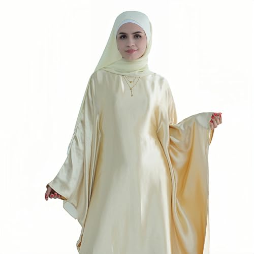 Abaya Muslim Women Dress Satin Batwing Sleeve Kaftan Maxi Arabian Dubai Islamic Ramadan Prayer Dress with Hijab Scarf - color: Beige