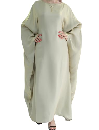 Dubai Bat Sleeve Dress Shiny Robe for Women Muslim 1pc Abaya Eid Prayer Clothes Soft Dubai Travel Party Dress Maxi Abaya - color: Beigea, size: Medium