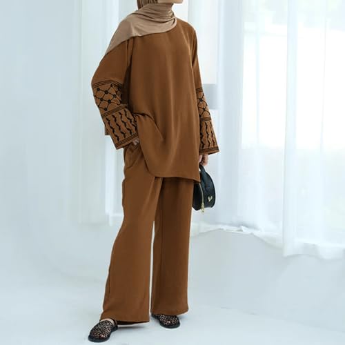 Women's Top + Pants Eid Ramadan Muslim Two-piece Outfits Embroidered Dubai Abaya Islamic Arabic Clothing - color: Coffee, size: X-Small-Small