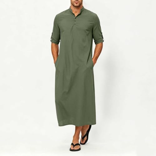Men's Linen Kaftan Robe Button Down Long Sleeve Henley Collar Cotton Thobe Casual Loose Fit Stylish Gown Shirts - color: Army Green, size: 3X-Large