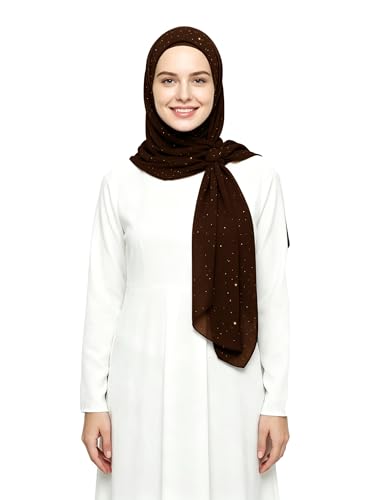 Lina & Lily Sparkle Shimmer Gold Glitter Women's Chiffon Hijab Head Scarf Shawl Wrap Lightweight - color: Dark Brown