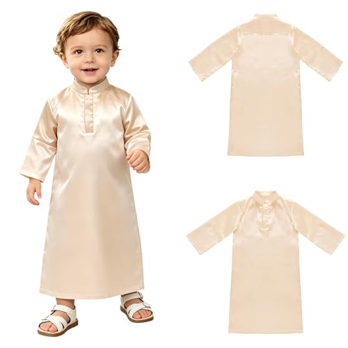 Hansber Arabic Prince Costume Baby Boys Muslim Islamic Kaftan Thobe Long Sleeve Robe for Halloween Party - color: Champagne, size: 12-18 Months
