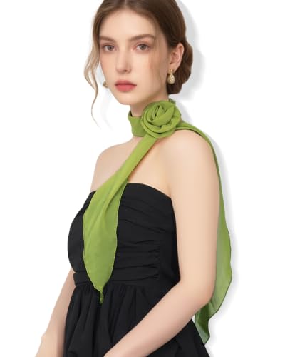 Chiffon Scarf for Women, Removable Flower Neck Scarf Light Soft Fashion Rose Scarves Versatile Headband or Hair Band - color: Dark Green