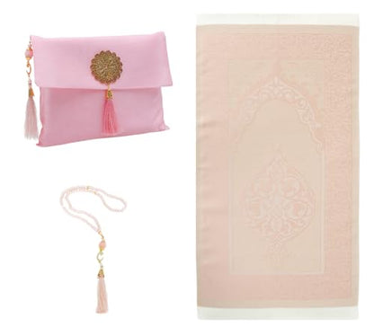 Prien Muslim Prayer Rug with Tasbih and Portable Bag, Muslim Gift for Women Men, Mubarak Islamic Box, Soft Mat Islam Gifts Set, Turkish Sajadah for Ramadan, Eid, Hajj, Travel, Pray (Pink) - color: Pink