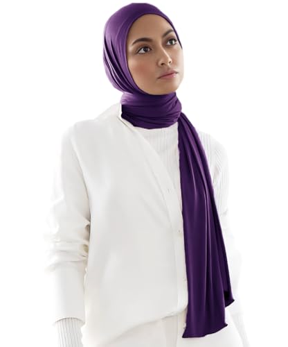 Harewom Muslim Hijab for Women Soft Stretch Headscarf Large Plain Turban Wrap Shawl Head Wrap for Everyday Wear - color: Purple Hijab Headscarf
