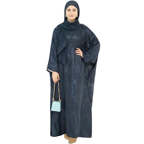 khalat Abaya Muslim Dress Women Satin Jacquard Prayer Dress Batwing Long Sleeve Islamic Dubai Robe with Chiffon Hijab - color: Blue