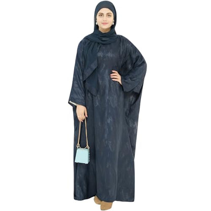 khalat Abaya Muslim Dress Women Satin Jacquard Prayer Dress Batwing Long Sleeve Islamic Dubai Robe with Chiffon Hijab - color: Blue
