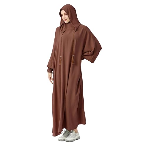 Abaya Muslim Dress Women Prayer Dress Long Sleeve Hooded Loose Maxi Dress Arabian Dubai Islamic Clothes - color: Brown