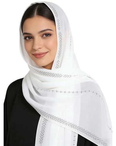 RARITYUS Sparkly Rhinestone Hijab Scarf for Women Silky Chiffon Instant Muslim Islamic Hijab Head Wrap Long Shawls - color: White