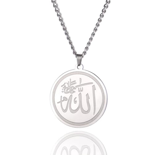 Ayatul Kursi Necklace Allah Necklace for Women Men Islamic Script Symbols Allah Arabic Round Pendant Necklace Middle East Allah Islam Religious Jewelry Muslim Gift - color: Allah Necklace silver