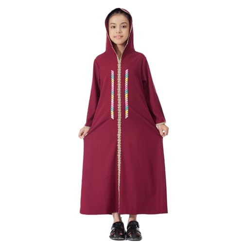 Kids Girls Abaya Muslim Long Sleeve Hooded Lace Embroidered Prayer Dress Arabic Kaftan Dubai Islamic Dresses - color: Wine Red Hoodies, size: 8-9 Years