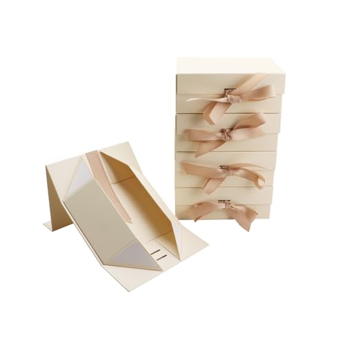Magnetic Gift Box L11.5*W8.6*H4.2inch Ribbon Foldable Gift Packaging Boxes - color: Light Yellow, size: Large-L11.5*W8.6*H4.2inch