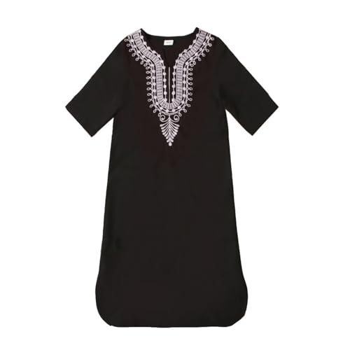 Kids Muslim Short Sleeve Thobe Islamic Boys Lace Embroidery Kaftan Thobes Toddler Soft Abaya Prayer Pullover Clothes - color: Black, size: 3-4T
