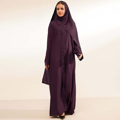 Abaya Dress for Women, Fully Button Up Muslim Abaya in Premium Nida Fabric – Long Sleeve Modest Islamic Maxi Dress - color: Burgundy, size: X-Small