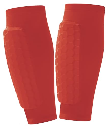 2 Pack Soccer Shin Guards Soccer Kids Adult, Soft Anti-Collision Soccer Shin Pad with EVA Honeycomb Pads, Shin Defender Shin Guard Sleeves - color: Red, size: X-Small