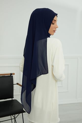 Aisha's Design Instant Chiffon Shawl for Women Modesty Turban Hijab Head Wrap Ready to Wear Women Headscarf - color: Navy Blue