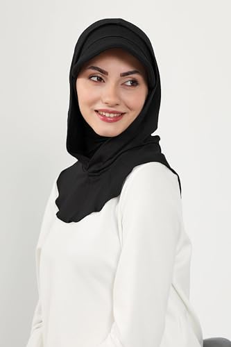 Aisha's Design Full Coverage Cotton Bonnet Hijab with Visor Modest Underscarf Bonnet - color: Black