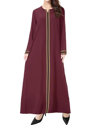 WSPLYSPJY Embroidered Abaya Muslim Dresses for Women Prayer Robe - color: Wine Red, size: XX-Large