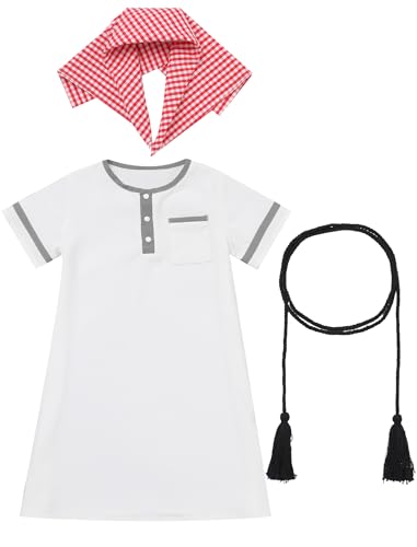 IDOPIP Muslim Baby Boys Ramadan Eid Outfit Kaftan Thobe Arabic Islamic Abaya Dubai Robe Prayer Clothes with Head Scarf + Rope - color: White + Red, size: 6-12 Months