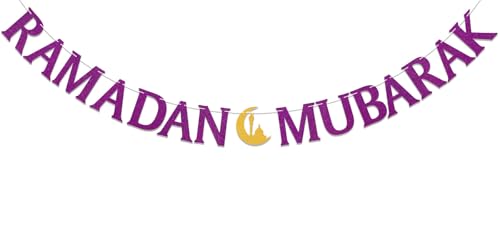Ramadan Mubarak Banner - Muslim Ramadan Mubarak Decor, Ramadan Kareem Decor, Eid Mubarak Banner, Islamic Eid Decorations Purple Glitter