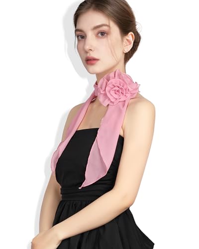 Chiffon Scarf for Women, Removable Flower Neck Scarf Light Soft Fashion Rose Scarves Versatile Headband or Hair Band - color: Dusty Pink Big Flower