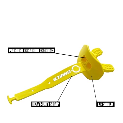 O Shield Striker Football Lip Guard with Permanent Strap | Football Lip Guard with Permanent Strap — Front Teeth, Lip, and Full Bite-Surface Coverage, No-Boil Ready Fit - color: Yellow / Gold