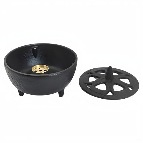 Small Cast Iron Incense Burner Holder, Home Decor, Bowl Design with Decorative Lid, Black Incense for Sticks, Resin, Cone Incense or Wax Melts - color: Black