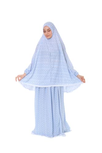 Islamic Dress for Women Prayer Clothes for Muslim Women 2 Piece Set Maxi Skirt with Hijab and Rosary Printed Dress - color: Blue
