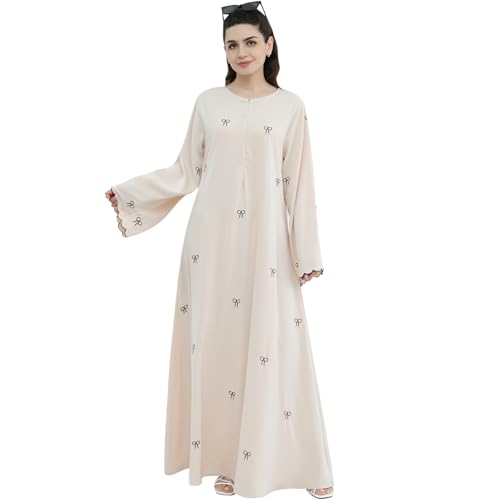 Abaya Dress for Muslim Women Bow Front Zipper Side Pockets Ramadan Eid Robe - color: Beige, size: Large