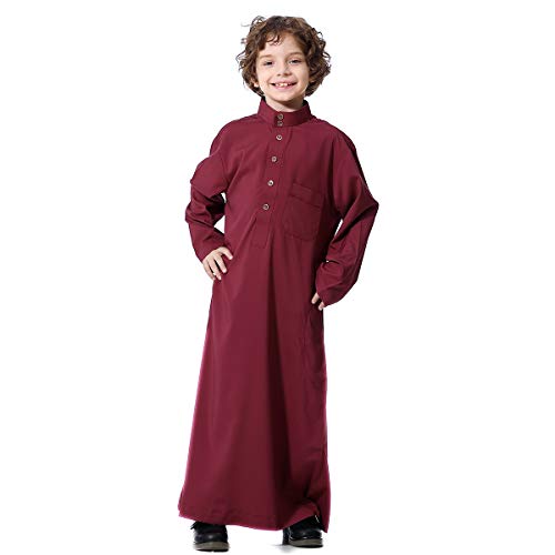 Qianliniuinc Boy's Islamic Dress Round Collar - Youth Long Sleeve Muslim Thobe Arabic Robe Embroidery Clothes with Pockets - color: Wine Red, size: 150CM