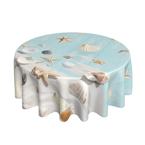 Starfish on Blue Wooden Board Tablecloth Summer Sea Round Table Cover Washable Table Cloth for Home Kitchen Party Picnic 60 Inch - color: Starfish on Blue Wooden Board