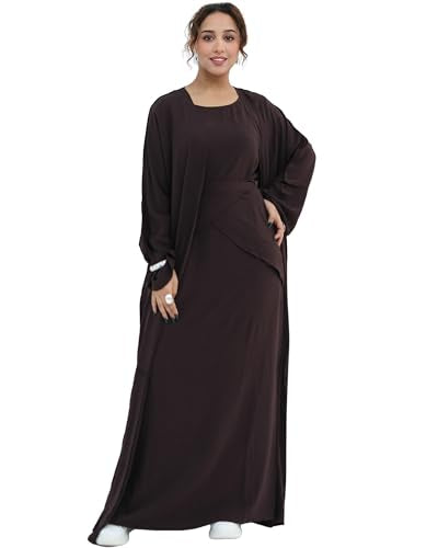 Abaya Muslim Prayer Dress Set Ramadan Open Front Islamic Clothing 3pcs Prayer Robe with Waist Apron Loose Flowy - color: Coffee, size: Small